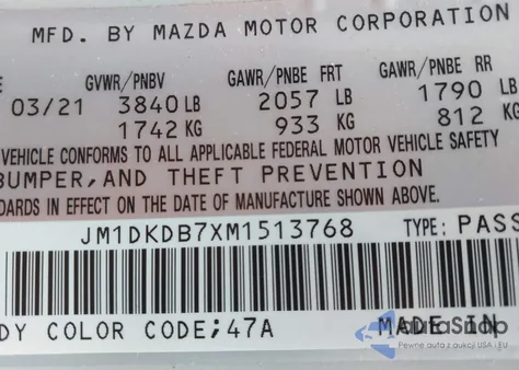 2021 Mazda Cx-3 Sport из США, поврежденный, VIN JM1DKDB7XM1513768